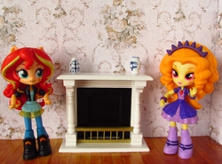 Size: 1286x954 | Tagged: safe, artist:whatthehell!?, adagio dazzle, sunset shimmer, equestria girls, g4, chimney, clothes, doll, equestria girls minis, fireplace, flower vase, irl, jewelry, photo, skirt, toy, victorian