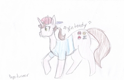 Size: 2544x1640 | Tagged: safe, artist:pageturner, oc, oc only, oc:nintendy, pony, cap, clothes, cute, hat, rule 63, shirt, sketch, solo