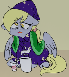 Size: 902x1004 | Tagged: safe, artist:/d/non, derpy hooves, pegasus, pony, g4, clothes, female, hat, melatonin, nightcap, open mouth, pajamas, sad, solo, tired