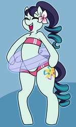 Size: 1280x2152 | Tagged: safe, artist:/d/non, coloratura, earth pony, semi-anthro, g4, 30 minute art challenge, clothes, cute, cutie mark, eyes closed, female, happy, inner tube, pool toy, rarabetes, solo, standing, swimsuit, underwear
