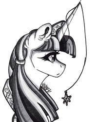 Size: 1031x1280 | Tagged: safe, artist:nightmare-moons-throneroom, twilight sparkle, pony, g4, alternate hairstyle, bust, ear fluff, female, grayscale, hair tie, horn, horn jewelry, jewelry, mare, monochrome, regalia, simple background, solo, traditional art, white background