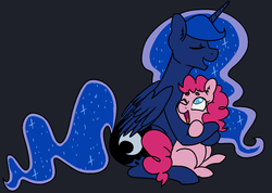 Size: 1300x925 | Tagged: safe, artist:/d/non, pinkie pie, princess luna, alicorn, pony, g4, cutie mark, eyes closed, female, folded wings, happy, hug, lesbian, mare, one eye closed, open mouth, ship:lunapie, shipping, smiling, wink