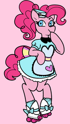 Size: 1341x2370 | Tagged: safe, artist:/d/non, pinkie pie, earth pony, semi-anthro, coinky-dink world, equestria girls, g4, my little pony equestria girls: summertime shorts, apron, clothes, cute, female, hat, looking at you, ponytail, roller skates, server pinkie pie, solo, waitress