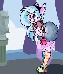 Size: 1000x1161 | Tagged: safe, artist:/d/non, silverstream, equestria girls, g4, bracelet, clothes, cute, diastreamies, ear piercing, equestria girls-ified, excited, fake wings, female, freckles, headband, high heels, jewelry, piercing, purse, shoes, skirt, skirt lift, smiling, socks, solo, spiked wristband, star butterfly, star vs the forces of evil, studded bracelet, wristband