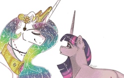 Size: 1280x810 | Tagged: safe, artist:nightmare-moons-throneroom, princess celestia, twilight sparkle, alicorn, pony, unicorn, g4, constellation, constellation hair, duo, ear fluff, ear piercing, earring, ethereal mane, eyes closed, female, horn, jewelry, long horn, mare, necklace, piercing, regalia, simple background, smiling, starry mane, white background