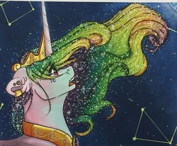 Size: 1280x1057 | Tagged: safe, artist:nightmare-moons-throneroom, princess celestia, pony, g4, constellation, crying, ear piercing, earring, ethereal mane, female, floppy ears, jewelry, mare, night, open mouth, piercing, regalia, solo, starry mane, starry night, windswept mane
