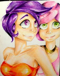 Size: 2310x2937 | Tagged: safe, artist:nolyanimeid, scootaloo, sweetie belle, human, g4, clothes, high res, humanized, traditional art