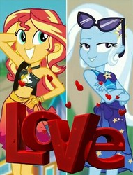 Size: 387x507 | Tagged: safe, edit, edited screencap, screencap, sunset shimmer, trixie, equestria girls, equestria girls series, forgotten friendship, g4, clothes, crossed arms, female, lesbian, sarong, ship:suntrix, shipping, sunglasses, sunglasses on head, sunset selfie, swimsuit