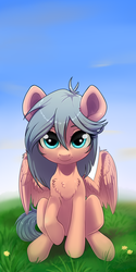 Size: 2561x5121 | Tagged: safe, artist:taneysha, oc, oc only, oc:gearsy septima, pegasus, pony, chest fluff, cute, female, looking at you, mare, raised hoof, simple background, smiling, solo, spread wings, wings