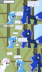 Size: 1280x2168 | Tagged: safe, artist:hakunohamikage, nurse redheart, princess luna, trixie, pony, ask-princesssparkle, g4, ask, sitting, tumblr