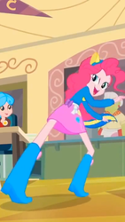 Size: 1242x2208 | Tagged: safe, screencap, granny smith, pinkie pie, equestria girls, g4, my little pony equestria girls, background human, balloon, boots, clothes, cropped, helping twilight win the crown, high heel boots, looking at you, open mouth, pony ears, ponytail, raised eyebrow, shoes, skirt, sweater, wondercolts uniform