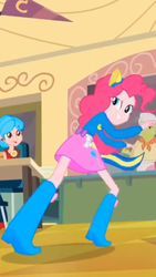 Size: 1242x2208 | Tagged: safe, screencap, granny smith, pinkie pie, equestria girls, g4, my little pony equestria girls, background human, balloon, boots, clothes, cropped, helping twilight win the crown, high heel boots, looking at you, pony ears, ponytail, raised eyebrow, shoes, skirt, smiling, sweater, wondercolts uniform