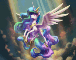 Size: 800x628 | Tagged: safe, artist:dawnfire, artist:nadnerbd, artist:theshadowscale, edit, princess celestia, alicorn, pony, g4, absurd file size, animated, cinemagraph, cloud, crepuscular rays, crown, ear flick, female, flowing mane, flying, jewelry, mare, praise the sun, regalia, solo, wings