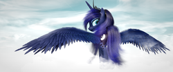 Size: 2160x900 | Tagged: safe, artist:thelunagames, princess luna, alicorn, pony, g4, 3d, cinema4d, cloud, cutie mark, female, horn, jewelry, looking at you, looking back, looking back at you, mare, on a cloud, regalia, solo, spread wings, standing on a cloud, tiara, wings