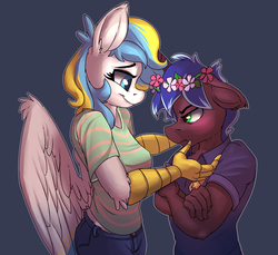 Size: 2400x2200 | Tagged: safe, artist:passigcamel, oc, oc only, oc:lily sky, oc:lock down, hippogriff, unicorn, anthro, anthro oc, blushing, clothes, crossed arms, female, floppy ears, floral head wreath, flower, high res, horn, oc x oc, shipping, shirt, simple background, size difference, smiling, unicorn oc