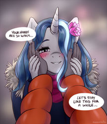 Size: 871x1006 | Tagged: safe, artist:mozzarella, oc, oc only, oc:white lily-rose, unicorn, anthro, anthro oc, blushing, female, flower, flower in hair, hand, looking at you, mare, oc x oc, offscreen character, pov, shipping