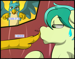 Size: 2350x1850 | Tagged: safe, artist:flash_draw, gallus, sandbar, earth pony, griffon, pony, comic:boring days, g4, boop, comic, dialogue, gay, interspecies, male, nervous, offscreen character, ship:gallbar, shipping, sitting, surprised, sweat, sweatdrop, tongue out