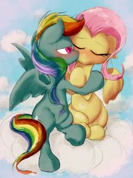 Size: 2048x2732 | Tagged: safe, artist:noupu, fluttershy, rainbow dash, pegasus, pony, g4, cloud, female, high res, hug, lesbian, mare, on a cloud, ship:flutterdash, shipping, sitting, spread wings, wings
