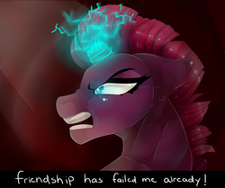 Size: 5693x4767 | Tagged: safe, artist:fluffideer, artist:tempwilzze, tempest shadow, pony, unicorn, g4, abstract background, absurd resolution, broken horn, bust, eye scar, female, glowing horn, horn, mare, muscles, rage, scar, sparking horn, text