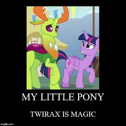 Size: 500x500 | Tagged: safe, edit, edited screencap, screencap, thorax, twilight sparkle, alicorn, changedling, changeling, pony, g4, triple threat, caption, cropped, female, imgflip, king thorax, looking at each other, male, meme, motivational poster, ponyville, raised hoof, shipping, size difference, smiling, straight, text, twilight sparkle (alicorn), twirax