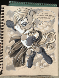 Size: 1536x2048 | Tagged: safe, artist:andypriceart, earth pony, pony, andy you magnificent bastard, boob window, cape, clothes, female, grayscale, lampshade hanging, mare, monochrome, ponified, power girl, signature, solo, superhero, traditional art