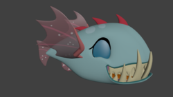 Size: 1024x576 | Tagged: safe, artist:dracagon, ocellus, biteacuda, fish, g4, non-compete clause, 3d, disguise, disguised changeling, fangs, female, gray background, simple background, solo