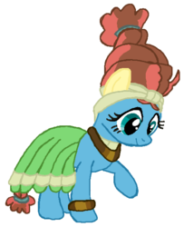 Size: 452x557 | Tagged: safe, artist:qjosh, fluttershy, meadowbrook, earth pony, pegasus, pony, g4, accessory, bracelet, character to character, clothes, dress, female, hairband, headband, jewelry, looking down, mare, necklace, pony to pony, raised leg, simple background, smiling, standing, transformation, white background