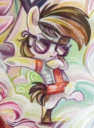 Size: 624x849 | Tagged: safe, artist:sara richard, idw, pipsqueak, earth pony, pony, friendship is magic #69, g4, my little pony: friendship is magic (idw), spoiler:comic, colt, cropped, dab, male, max fab, solo, sunglasses