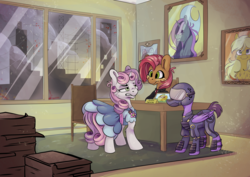 Size: 7016x4961 | Tagged: safe, artist:cutepencilcase, babs seed, sweetie belle, oc, earth pony, pegasus, pony, unicorn, fallout equestria, fallout equestria: child of the stars, fanfic:fallout equestria: child of the stars, g4, absurd resolution, armor, fallout, female, flash back, group, guard, male, mare, memory, pre-war, stallion