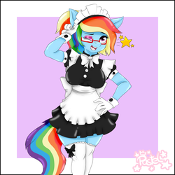 Size: 5000x5000 | Tagged: safe, artist:pastel-pony-princess, rainbow dash, pegasus, anthro, g4, absurd resolution, bow, clothes, cuffs (clothes), eyeshadow, female, french maid, maid, makeup, one eye closed, solo, wink