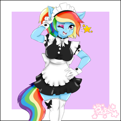 Size: 5000x5000 | Tagged: safe, alternate version, artist:pastel-pony-princess, rainbow dash, pegasus, anthro, g4, absurd resolution, bow, clothes, cuffs (clothes), eyeshadow, female, french maid, maid, makeup, one eye closed, open mouth, smiling, solo, wink