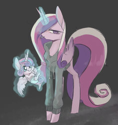 Size: 1470x1552 | Tagged: safe, artist:nikosh14, princess cadance, princess flurry heart, alicorn, pony, g4, cigarette, clothes, female, filly, glowing horn, hoodie, horn, looking at you, magic, magic aura, mare, mother and daughter, smoking, solo, telekinesis