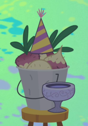 Size: 335x478 | Tagged: safe, screencap, mr. turnip, g4, party of one, abstract background, bucket, cropped, cup, hat, party hat, stool, turnip
