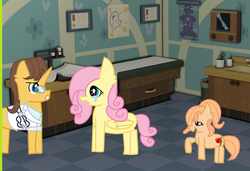 Size: 1852x1268 | Tagged: safe, artist:star-melodyyt, doctor horse, doctor stable, fluttershy, oc, oc:apple cinnamon, earth pony, pony, g4, anatomy chart, chart, crying, doctor's office, female, filly, mother and daughter, offspring, parent:big macintosh, parent:fluttershy, parents:fluttermac, sad, style clash