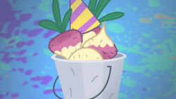 Size: 1280x720 | Tagged: safe, screencap, mr. turnip, g4, party of one, abstract background, bucket, hat, party hat, turnip