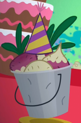 Size: 310x471 | Tagged: safe, screencap, mr. turnip, g4, party of one, abstract background, bucket, cropped, hat, party hat, turnip