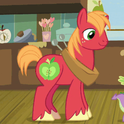 Size: 510x510 | Tagged: safe, screencap, big macintosh, spike, dragon, earth pony, pony, g4, the break up breakdown, animated, cropped, gritted teeth, happy, laughing, male, open mouth, raised hoof, smiling, solo focus, stallion