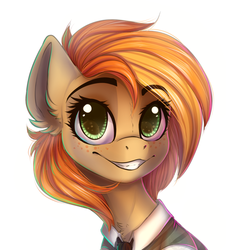 Size: 1024x1135 | Tagged: dead source, safe, artist:freckleplant, oc, oc only, oc:parlay, earth pony, pony, bust, clothes, commission, eye clipping through hair, female, mare, smiling