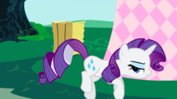 Size: 1440x807 | Tagged: safe, screencap, rarity, pony, unicorn, g4, party of one, female, hay bale, looking back, mare, sneaking, solo, tail hold