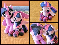 Size: 1024x768 | Tagged: safe, artist:nekokevin, twilight sparkle, alicorn, pony, unicorn, g4, 4de, boop, clothes, duo, female, hug, irl, looking at you, mare, noseboop, photo, plushie, self ponidox, sitting, size difference, socks, spread wings, starlight's little twibird, striped socks, triality, twilight sparkle (alicorn), winghug, wings