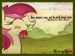 Size: 1280x960 | Tagged: safe, artist:krazykari, roseluck, earth pony, pony, g4, female, flower, mouth hold, quote, rose, show accurate, solo