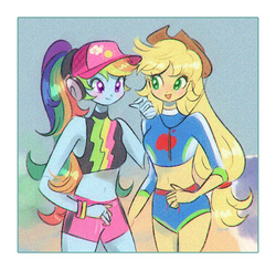 Size: 738x719 | Tagged: safe, artist:mmoriqomm, applejack, rainbow dash, equestria girls, g4, lost and found, my little pony equestria girls: better together, applejack's hat, belly button, bracelet, cap, clothes, cowboy hat, duo, female, hat, headphones, jewelry, midriff, smiling, swimsuit