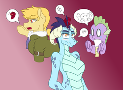 Size: 1024x750 | Tagged: safe, artist:the annoying tac, princess ember, spike, oc, oc:squiggles, oc:techno sparklers, dragon, g4, blushing, clothes, jacket, male, pictogram, stallion, travelers or nomads, zzz