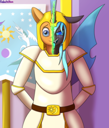 Size: 3000x3500 | Tagged: safe, artist:galacticham, oc, oc only, oc:kryostasis, changeling, anthro, armor, blue changeling, changeling oc, flag of equestria, high res, male, open mouth, solo