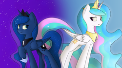 Size: 3829x2150 | Tagged: safe, artist:renderpoint, derpibooru exclusive, princess celestia, princess luna, alicorn, pony, g4, duo, duo female, female, high res, jewelry, regalia, royal sisters, royalty, simple background