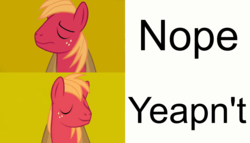 Size: 4000x2283 | Tagged: source needed, safe, big macintosh, g4, drake, male, meme, nope, simple background, stallion, wat, yellow background, yesn't