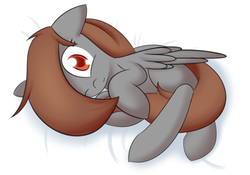 Size: 540x377 | Tagged: safe, artist:nevaylin, oc, oc only, oc:nevaylin, pegasus, pony, bed, looking at you, on bed, one eye closed, solo, tail hold, wink
