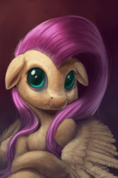 Size: 6732x10124 | Tagged: safe, artist:zilvart, fluttershy, pegasus, pony, g4, absurd file size, absurd resolution, bust, female, floppy ears, looking at you, ludicrous res, mare, needs more rendering, portrait, signature, smiling, solo, turned head, wings