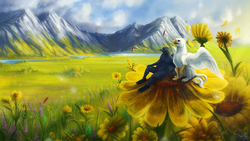 Size: 1920x1080 | Tagged: safe, artist:vampi, oc, oc only, oc:der, griffon, dandelion, duo, field, flower, furry, male, micro, mountain, nature, pollen, scenery