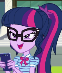 Size: 612x720 | Tagged: safe, screencap, sci-twi, twilight sparkle, equestria girls, equestria girls series, g4, text support, text support: rarity, adorkable, animated, cellphone, cropped, cute, dork, female, gif, glasses, nerd, phone, smartphone, smiling, solo, twiabetes